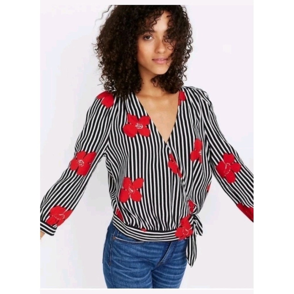 NWT Madewell Women's Black And White Striped Red Floral Wrap Blouse Sz XS